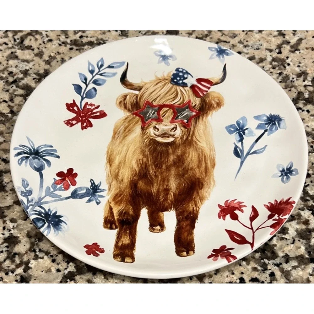 Hobby Lobby Patriotic Highland Cow Plate Ceramic Bow Glasses 8.58